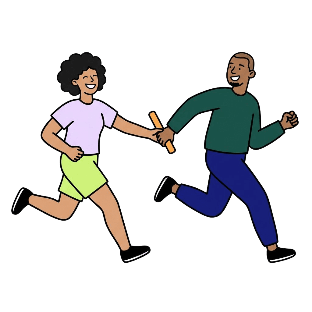 Two teammates passing a relay baton
